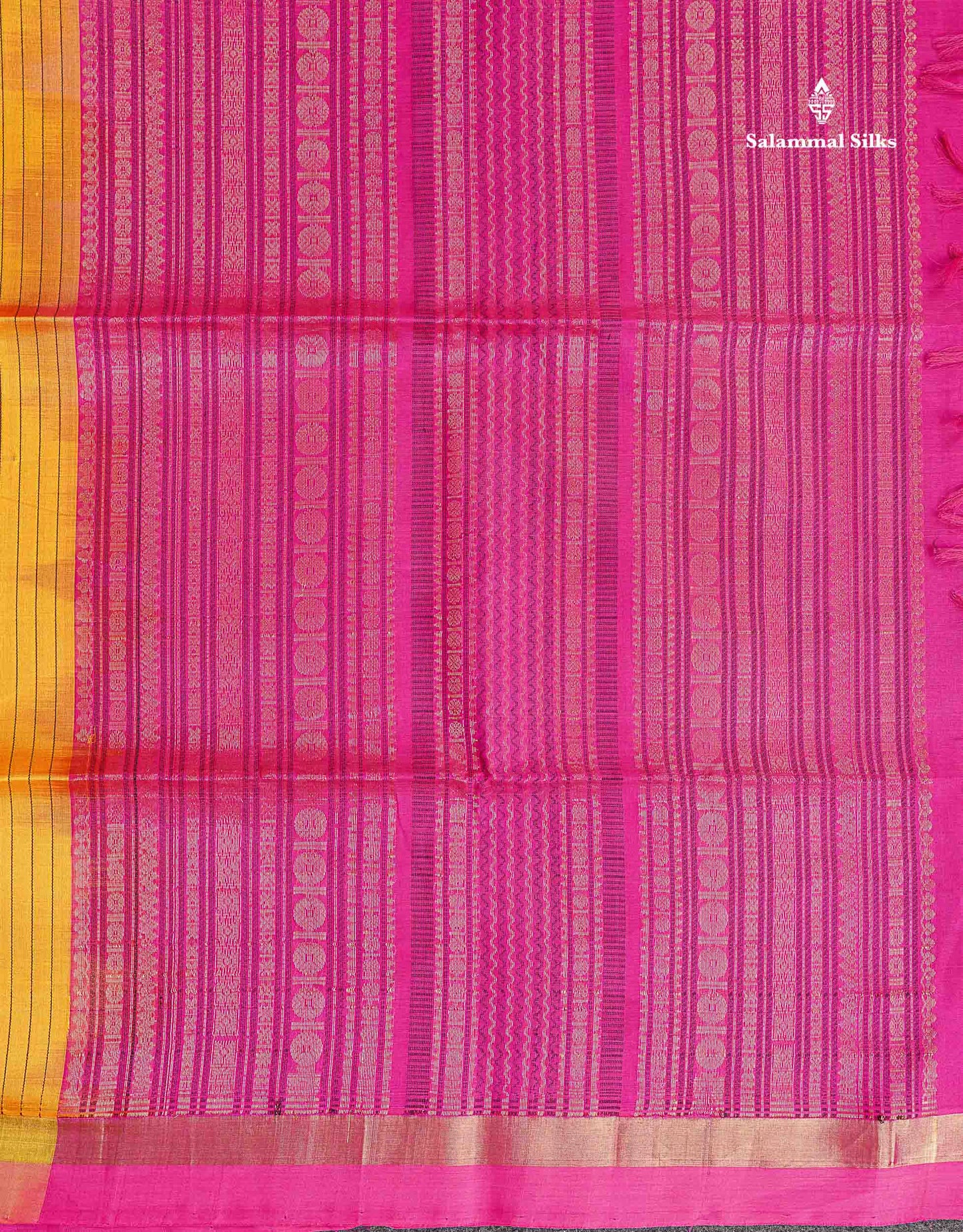 Pure Silk Cotton Saree - Yellow Colour Body Vertical Line With Thread Butta & Pink Blouse
