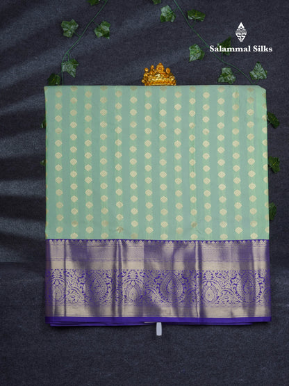 Semi Silk Pattu Pavadai ( Light Elaichi Green ) With Contrast Navy Blue Blouse 43.5"