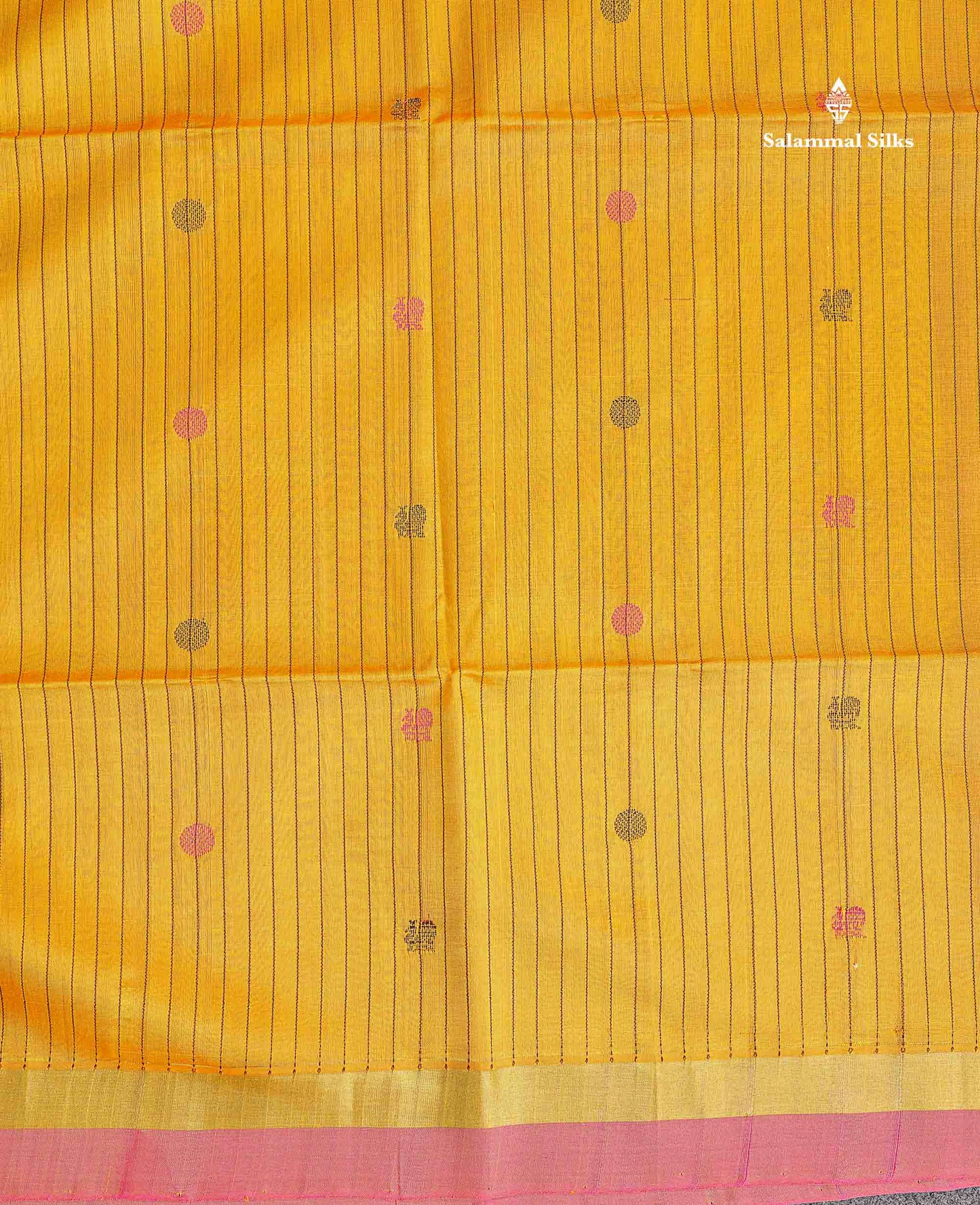 Pure Silk Cotton Saree - Yellow Colour Body Vertical Line With Thread Butta & Pink Blouse