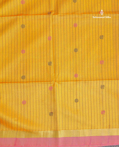 Pure Silk Cotton Saree - Yellow Colour Body Vertical Line With Thread Butta & Pink Blouse