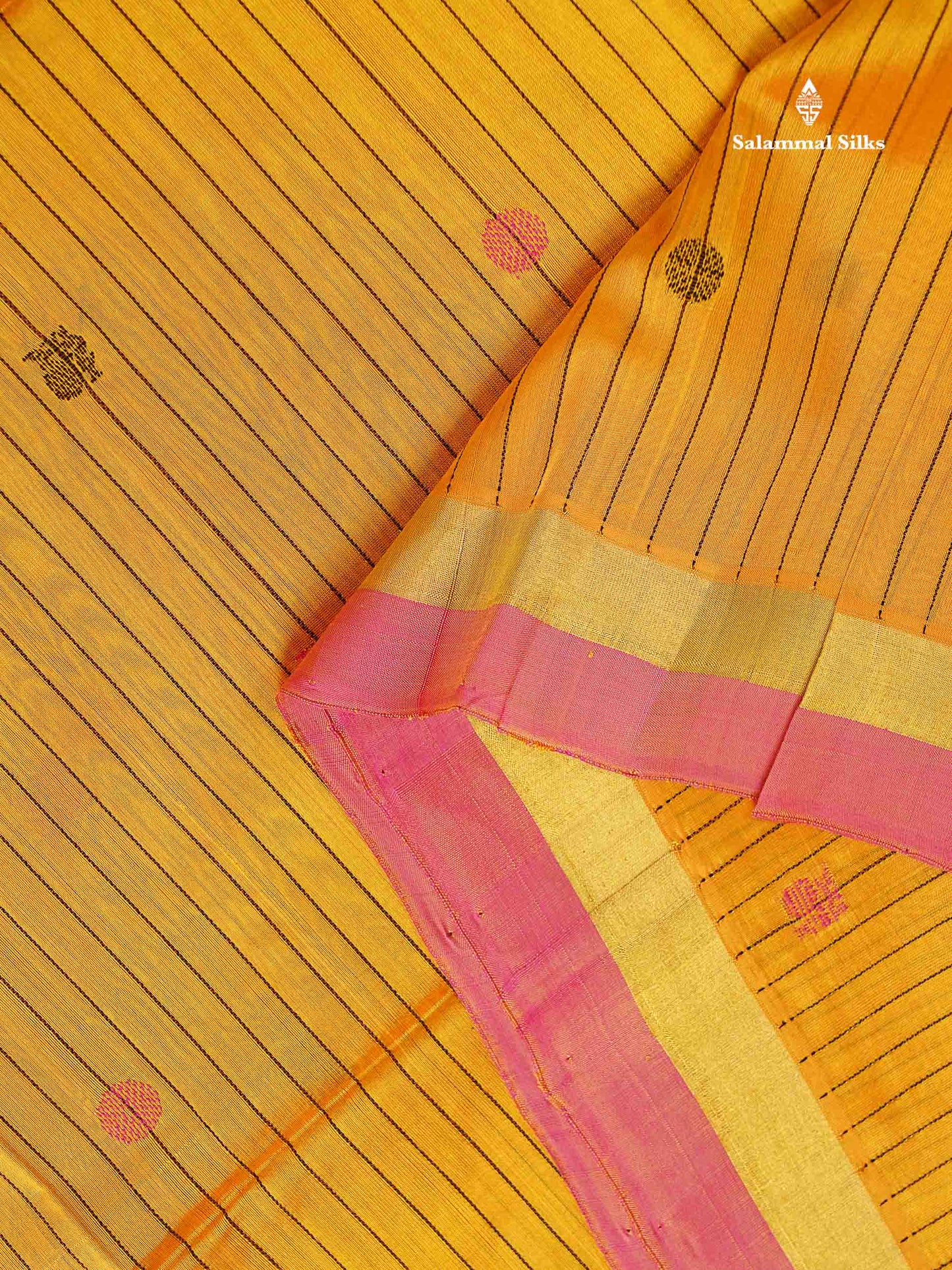 Pure Silk Cotton Saree - Yellow Colour Body Vertical Line With Thread Butta & Pink Blouse