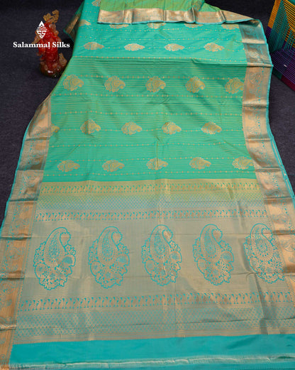 Beautiful Dual Tone Onion Pink Vertical Zari Line With Butta Semi Silk Saree With Contrast Light Blue Blouse