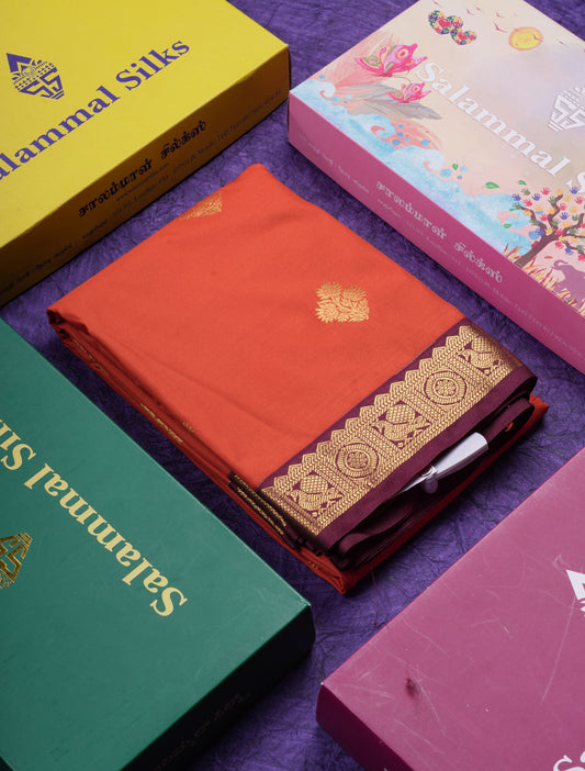 Beautiful Rust Orange Semi Silk Saree With Contrast Dark Brown Traditional Small Border