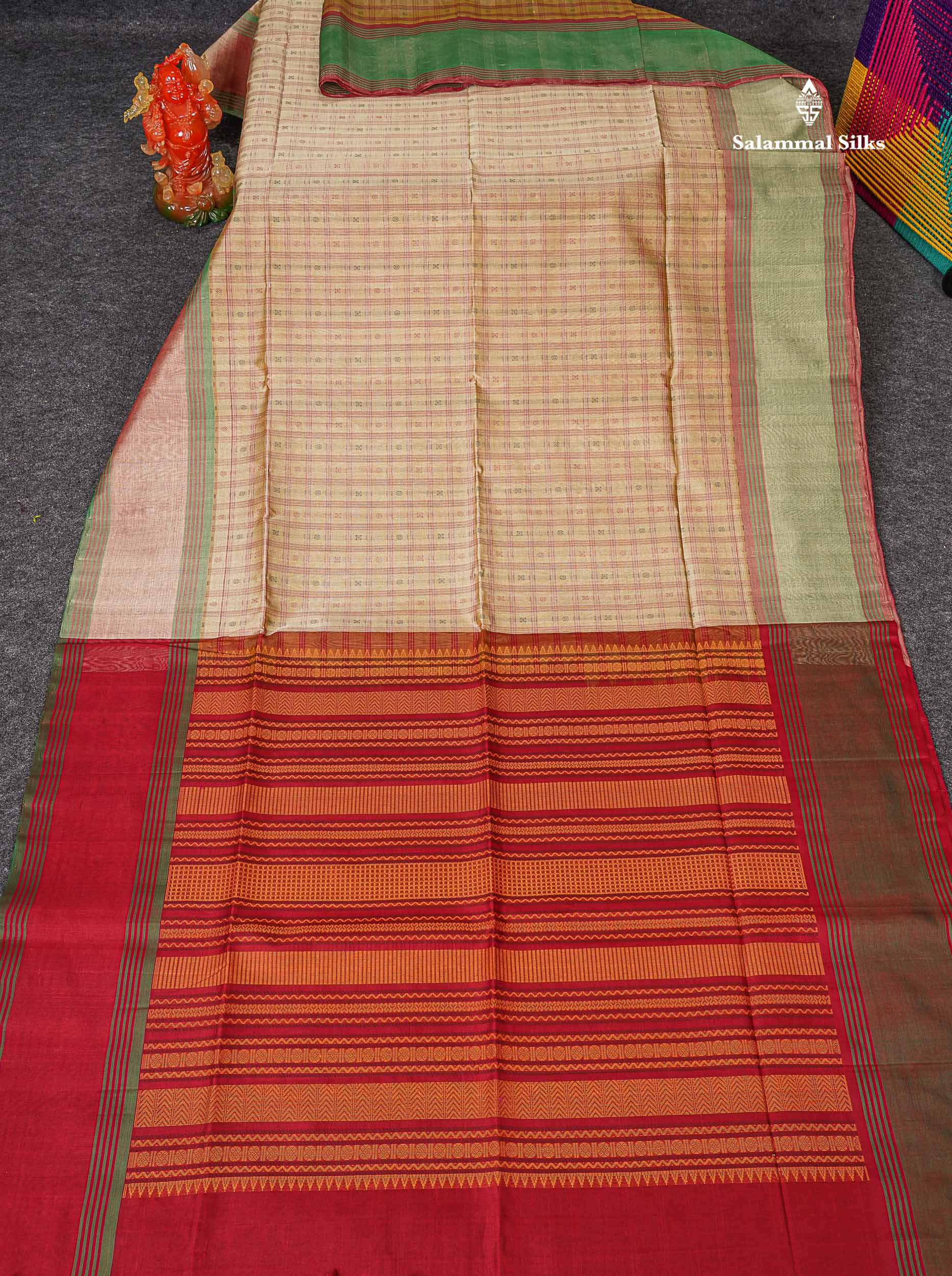 Pure Silk Cotton Saree - Cream Sandal Colour Body Checks With Butta & Traditional Gap Border 