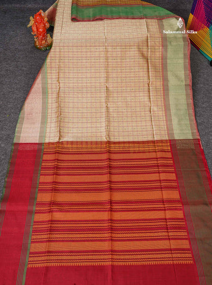 Pure Silk Cotton Saree - Cream Sandal Colour Body Checks With Butta & Traditional Gap Border 
