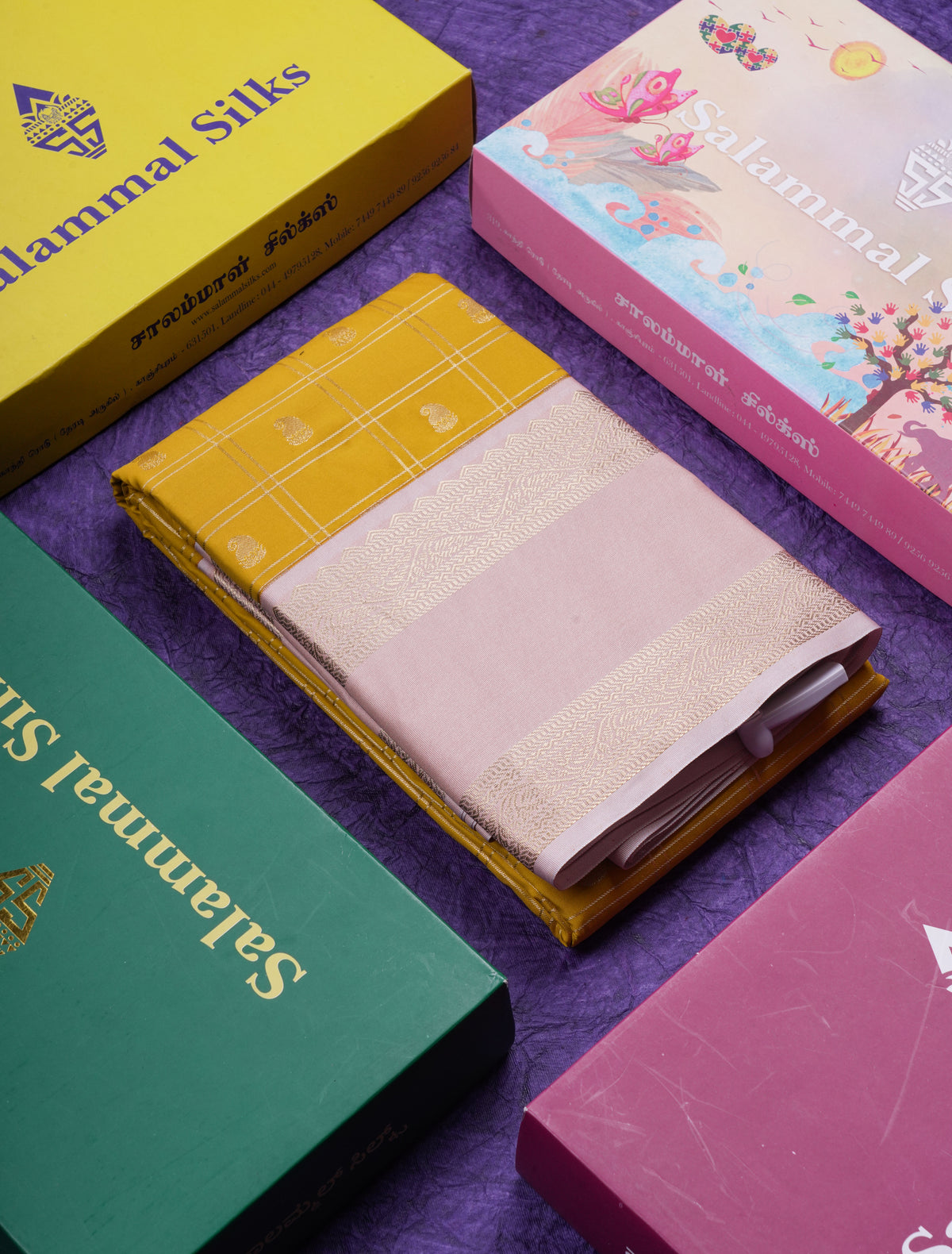 Beautiful Yellow Checks With Buttta Semi Silk Saree With Contrast Peach Traditional Rettapet Border