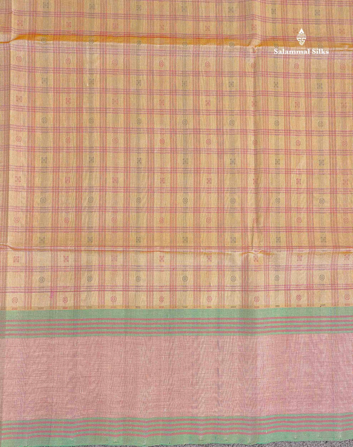 Pure Silk Cotton Saree - Cream Sandal Colour Body Checks With Butta & Traditional Gap Border