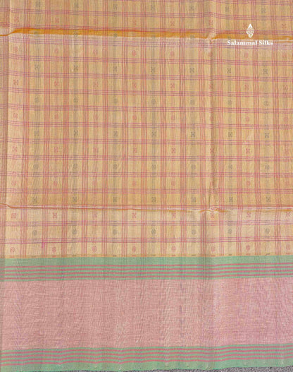 Pure Silk Cotton Saree - Cream Sandal Colour Body Checks With Butta & Traditional Gap Border