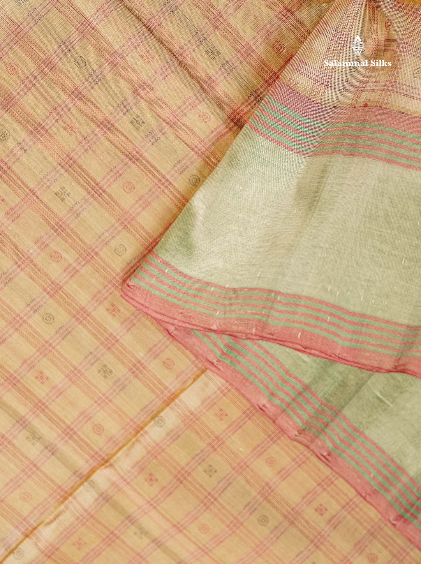 Pure Silk Cotton Saree - Cream Sandal Colour Body Checks With Butta & Traditional Gap Border