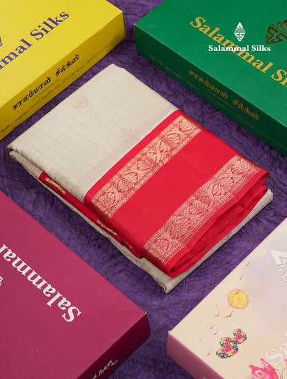 Beautiful Half White Traditional Checks And Buttas Pure Kanjivaram Silk Saree With Contrast Violet Border