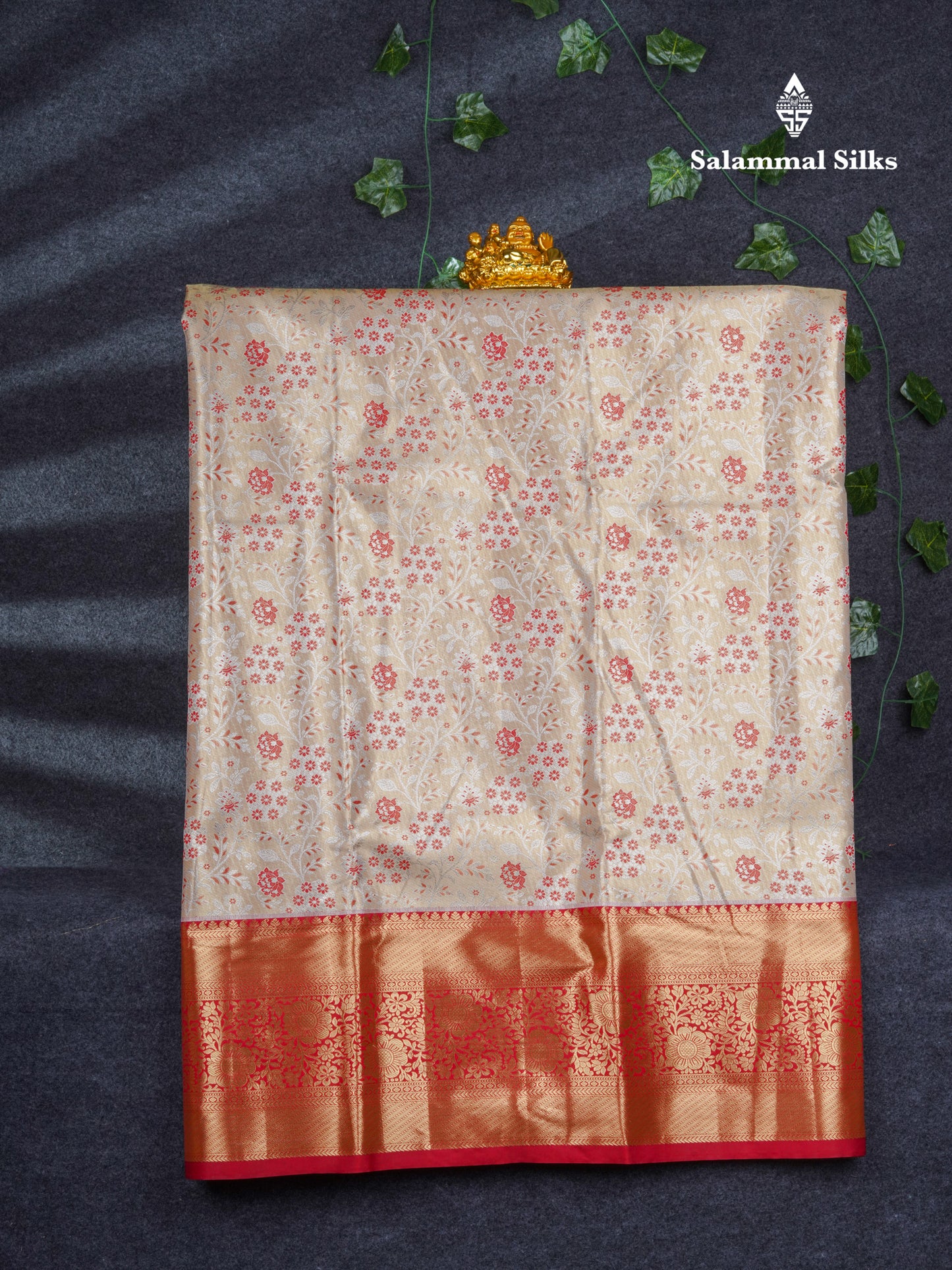 Semi Silk Pattu Pavadai Tissue ( Beige ) With Contrast Chilly Red Blouse 46"