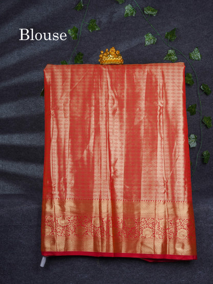 Semi Silk Pattu Pavadai Tissue ( Beige ) With Contrast Chilly Red Blouse 46"