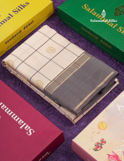Beautiful Half White Checks With Peacock Butta Pure Kanjivaram Silk Saree With Contrast Light Violet Traditional Gap Border