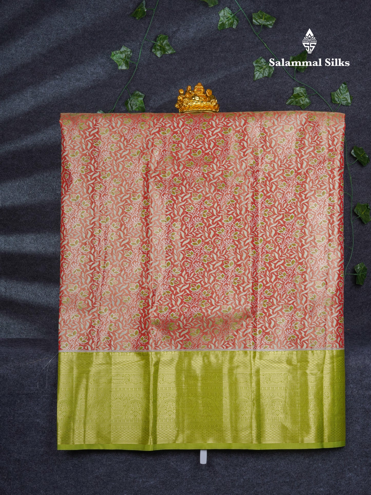 Semi Silk Pattu Pavadai Tissue ( Orange ) With Contrast Parrot Green Blouse 46.5"