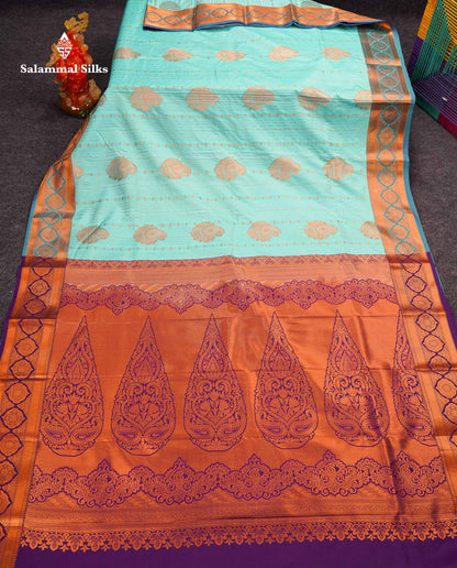 Beautiful Dual Tone Onion Pink Vertical Zari Line With Butta Semi Silk Saree With Contrast Light Blue Blouse