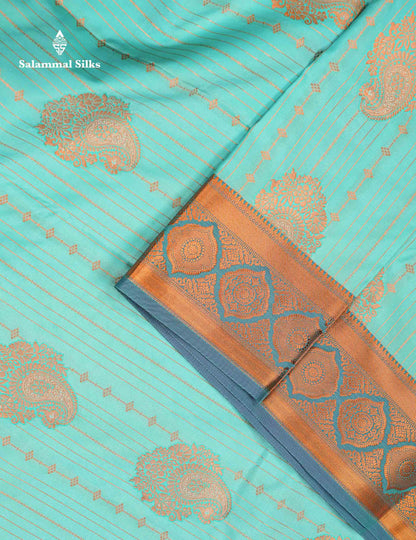 Beautiful Dual Tone Onion Pink Vertical Zari Line With Butta Semi Silk Saree With Contrast Light Blue Blouse