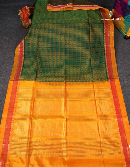 Pure Silk Cotton Saree - Bottle Green Colour Body Checks With Butta & Traditional Border