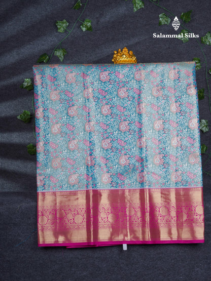 Semi Silk Pattu Pavadai Tissue ( Pastel Blue ) With Contrast Pink Blouse 47"