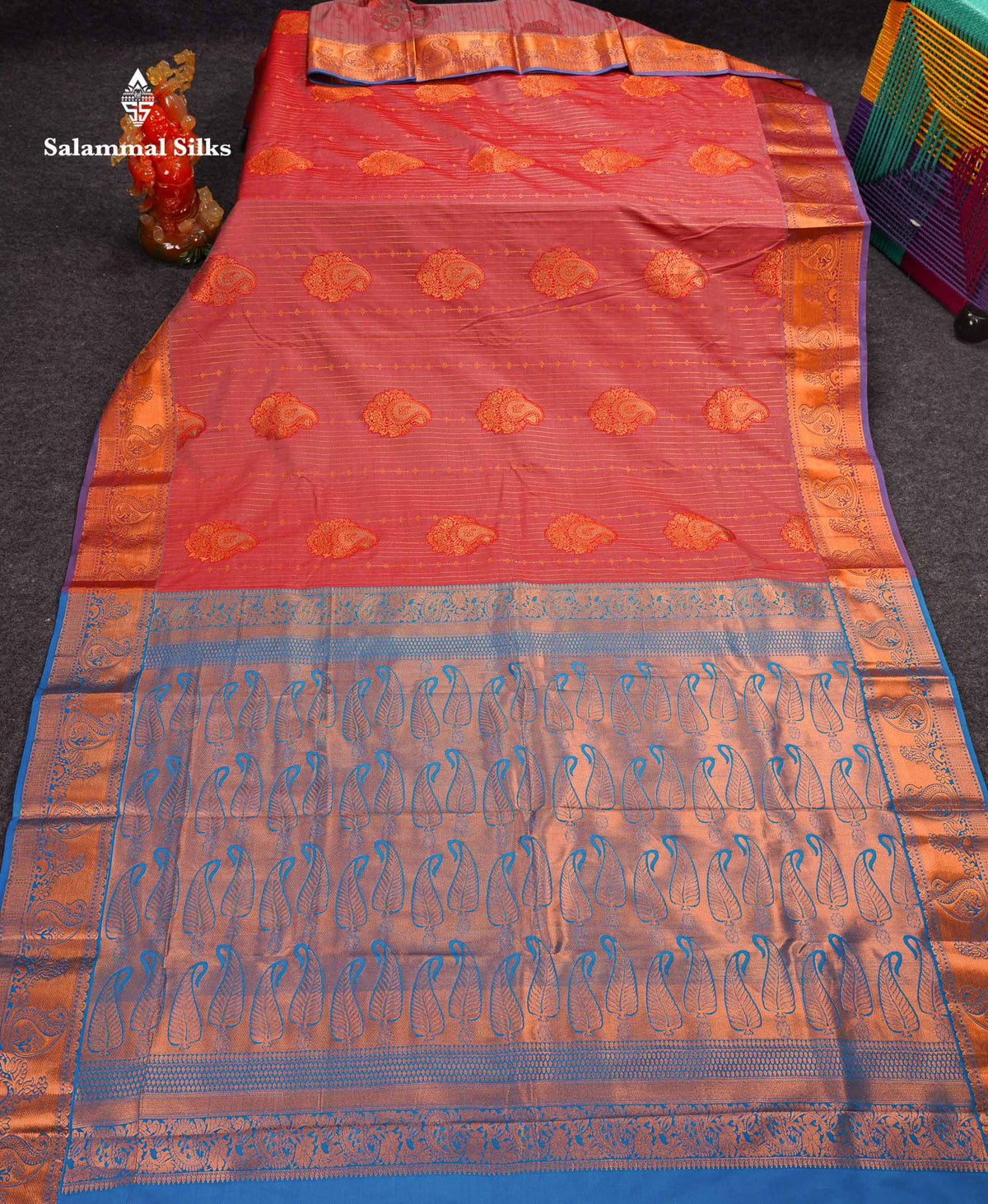 Beautiful Dual Tone Onion Pink Vertical Zari Line With Butta Semi Silk Saree With Contrast Light Blue Blouse
