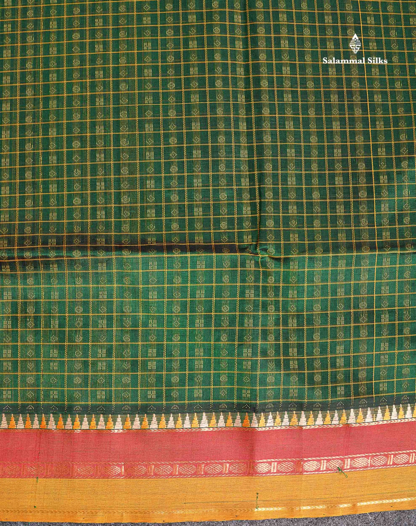 Pure Silk Cotton Saree - Bottle Green Colour Body Checks With Butta & Traditional Border