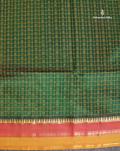 Pure Silk Cotton Saree - Bottle Green Colour Body Checks With Butta & Traditional Border