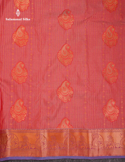 Beautiful Dual Tone Onion Pink Vertical Zari Line With Butta Semi Silk Saree With Contrast Light Blue Blouse