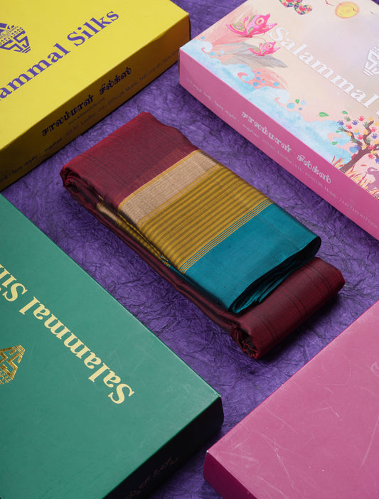 Beautiful Dark Maroon Pure Kanjivaram Silk Saree With Contrast Peacock Green Border