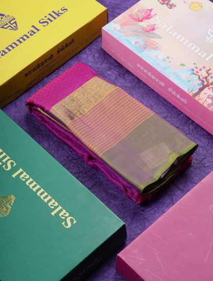 Beautiful Magenta Pure Kanjivaram Silk Saree With Contrast Light Green Border