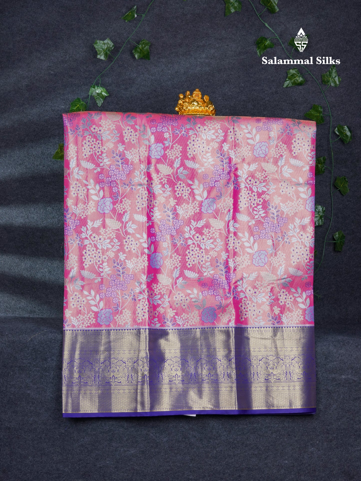 Semi Silk Pattu Pavadai Tissue ( Light Pink ) With Contrast Navy Blue Blouse 46.5"