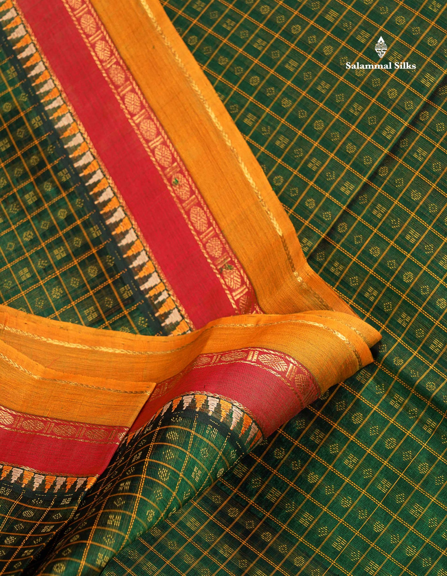Pure Silk Cotton Saree - Bottle Green Colour Body Checks With Butta & Traditional Border