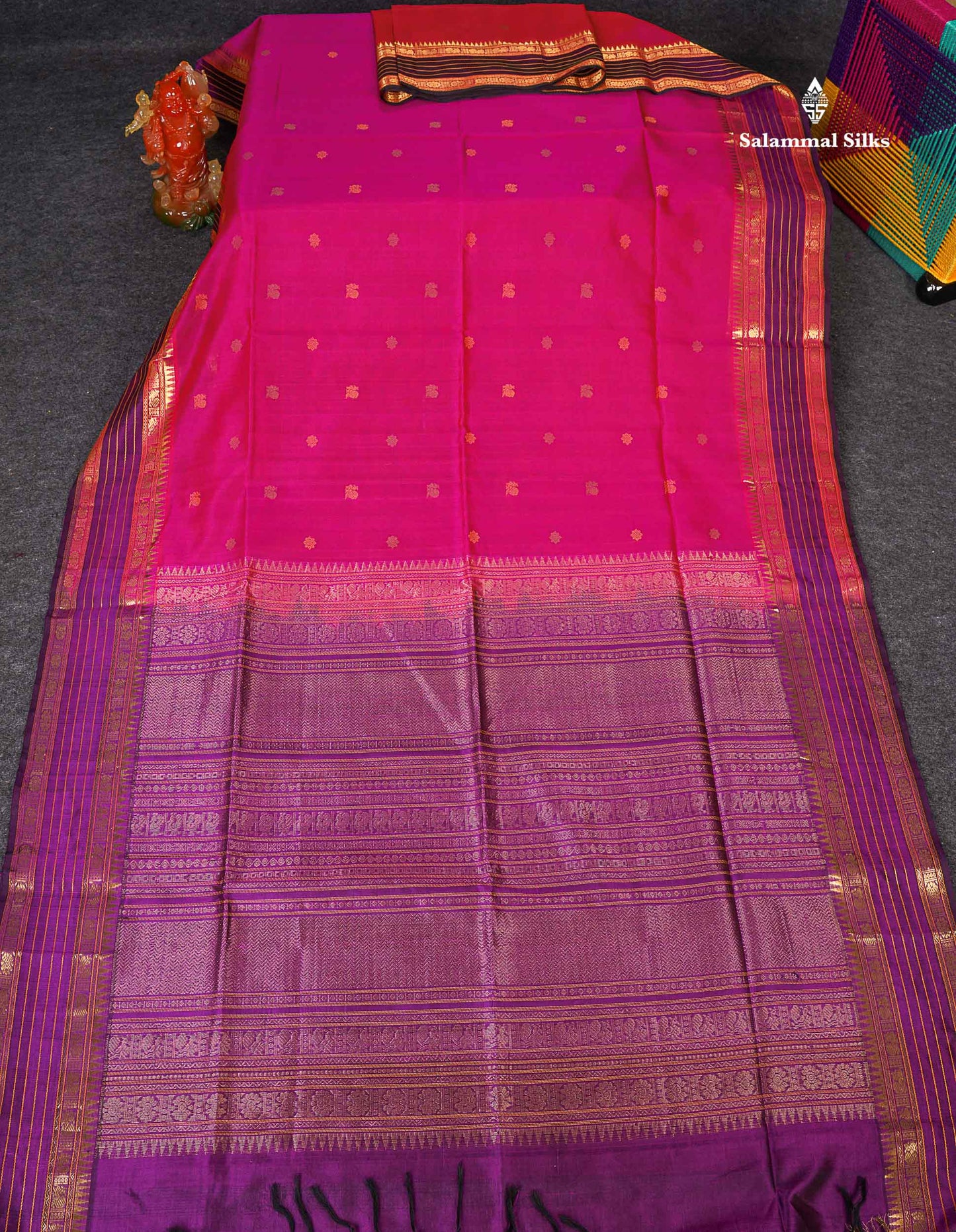 Pure Silk Cotton Saree - Pink Colour Body Thread Butta & Dark Purple Traditional Border