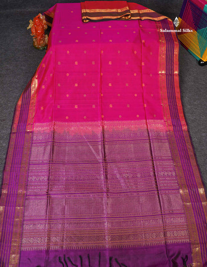 Pure Silk Cotton Saree - Pink Colour Body Thread Butta & Dark Purple Traditional Border