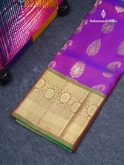 Pure Silk Pattu Pavadai (Dual Tone Violet) With Contrast Green Blouse 44.5"