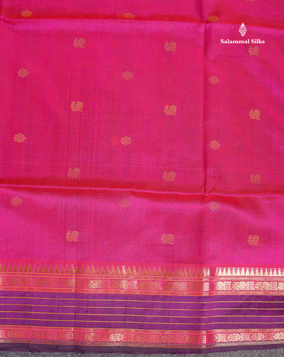 Pure Silk Cotton Saree - Pink Colour Body Thread Butta & Dark Purple Traditional Border