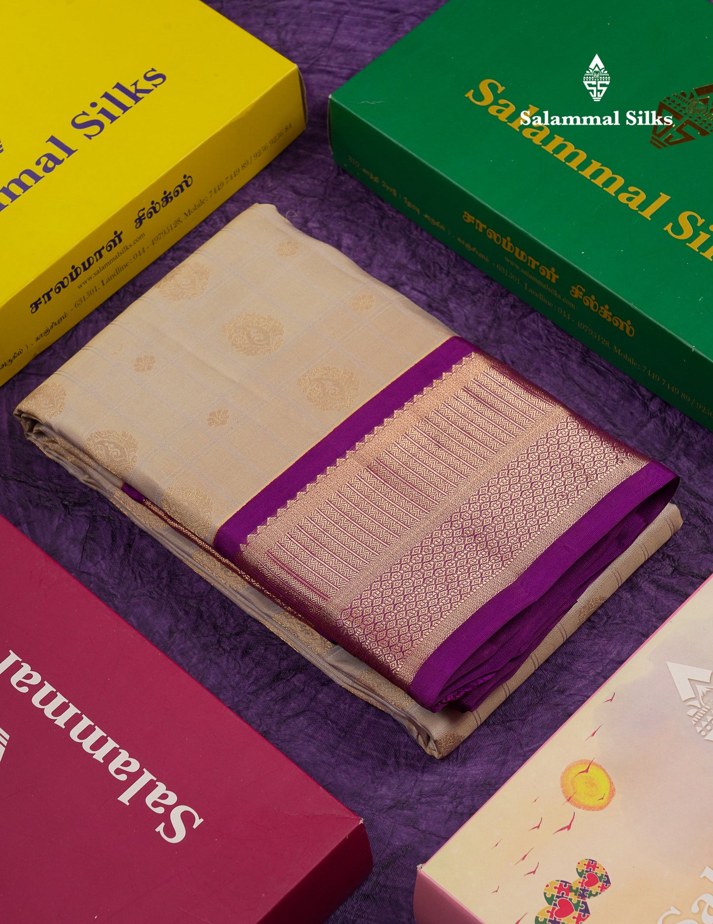Beautiful Light Grey Pure Kanjivaram Silk Saree With Traditional Violet Border