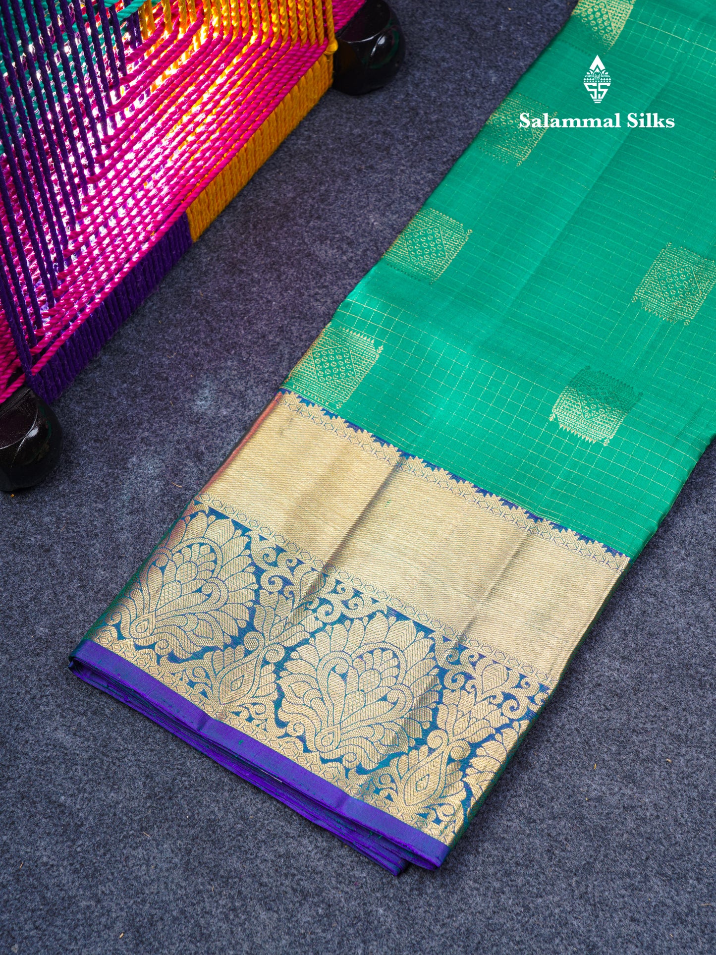 Pure Silk Pattu Pavadai Small Checks (Saffire Green) With Contrast Dual Tone Violet Blouse 45"