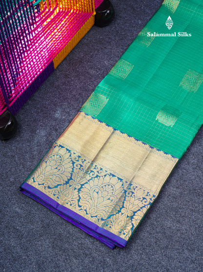 Pure Silk Pattu Pavadai Small Checks (Saffire Green) With Contrast Dual Tone Violet Blouse 45"