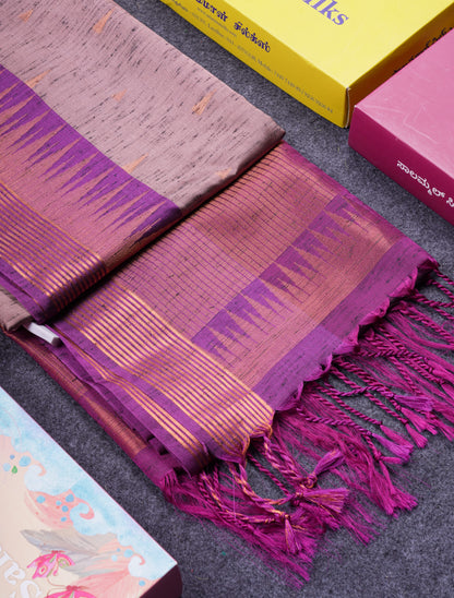 Beautiful Parrot Green Jute Semi Soft Silk Saree With Contrast Dark Purple Temple Border
