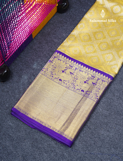 Pure Silk Pattu Pavadai Tissue (Gold) With Contrast Violet Blouse 45"