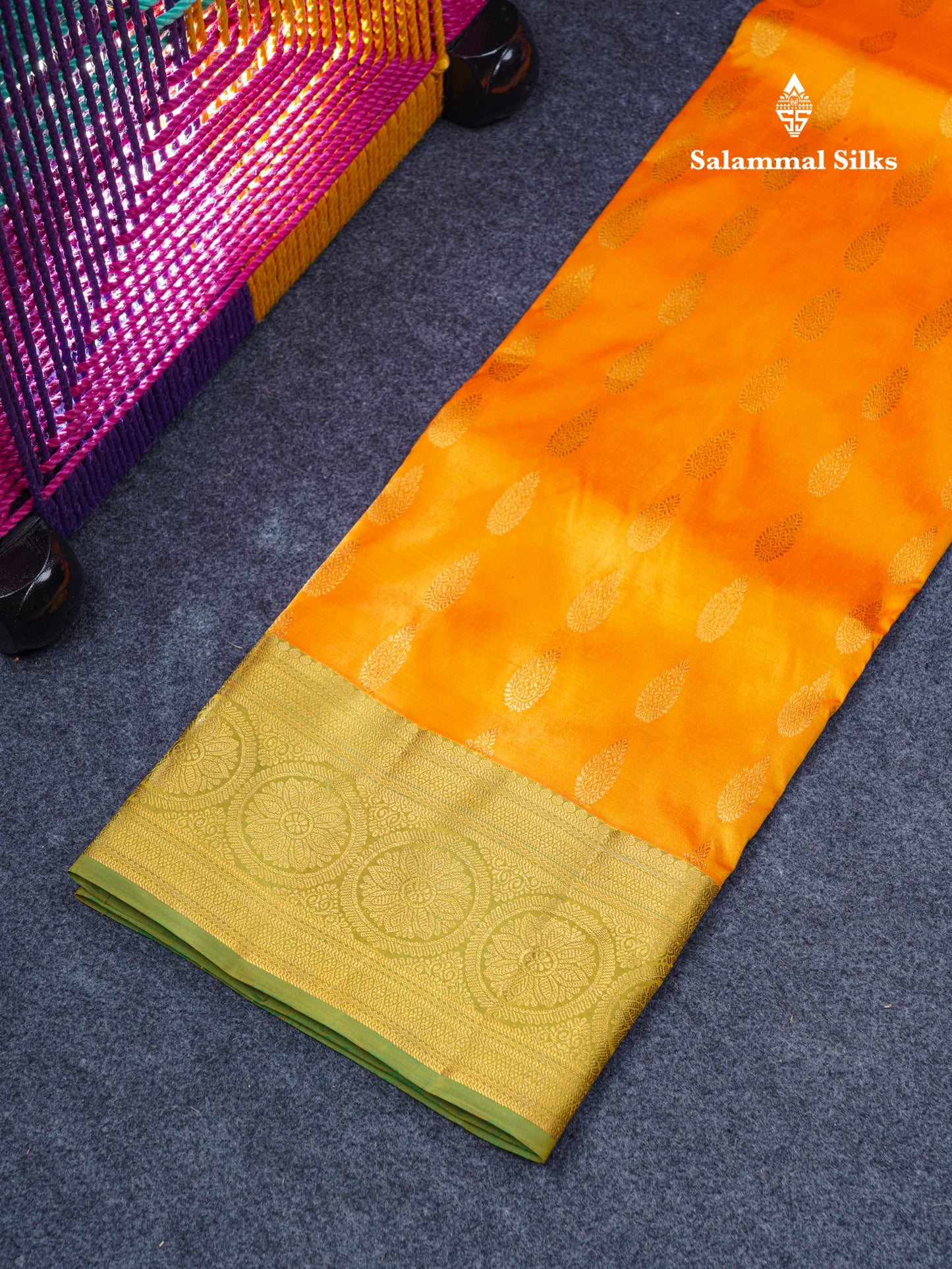 Pure Silk Pattu Pavadai (Mango Yellow) With Contrast Green Blouse 44"