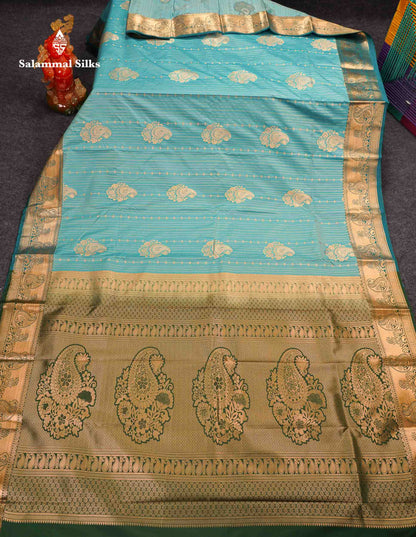 Beautiful Dual Tone Onion Pink Vertical Zari Line With Butta Semi Silk Saree With Contrast Light Blue Blouse