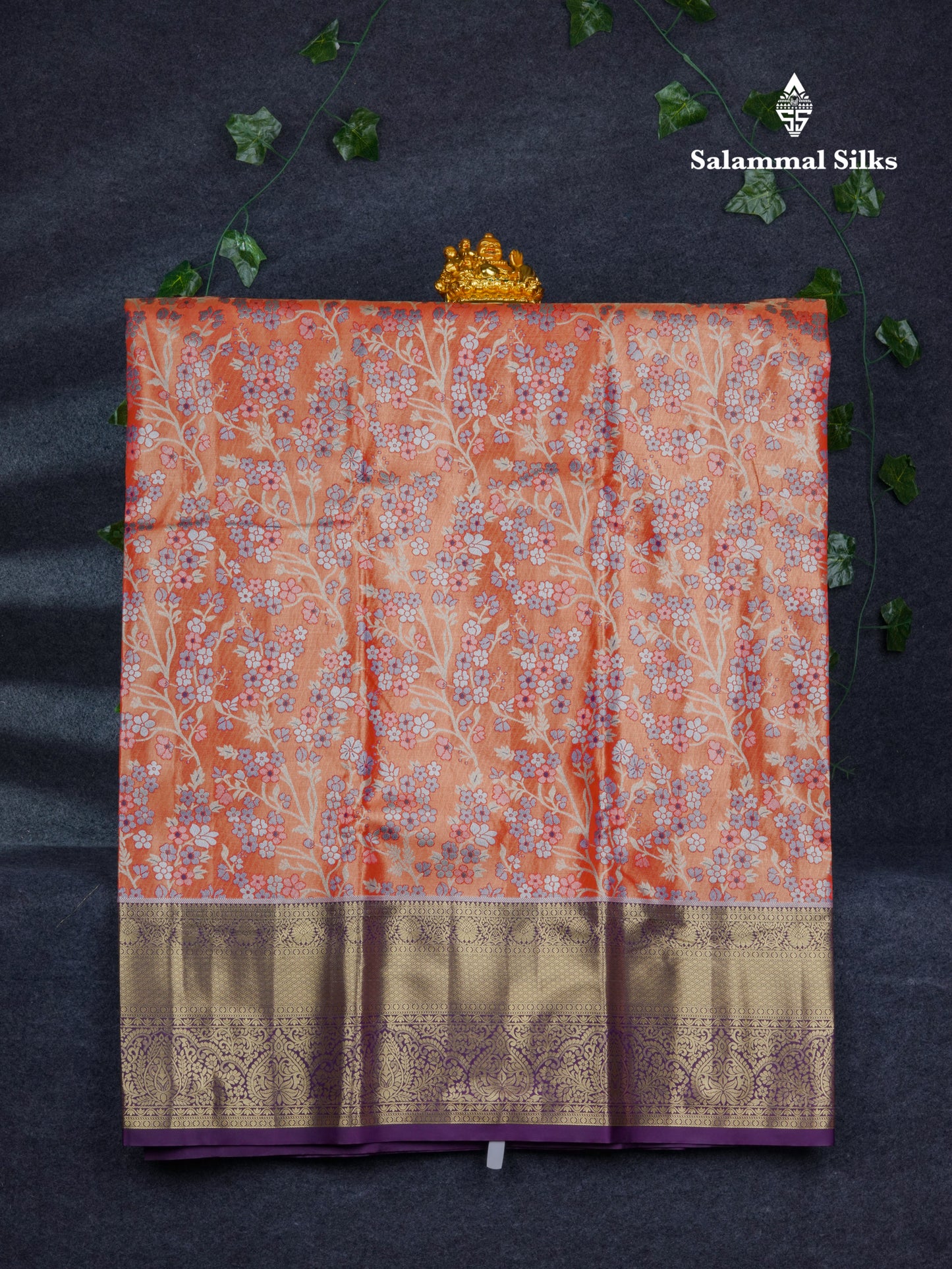 Semi Silk Pattu Pavadai Tissue ( Orange ) With Contrast Dark Purple Blouse 46.5"