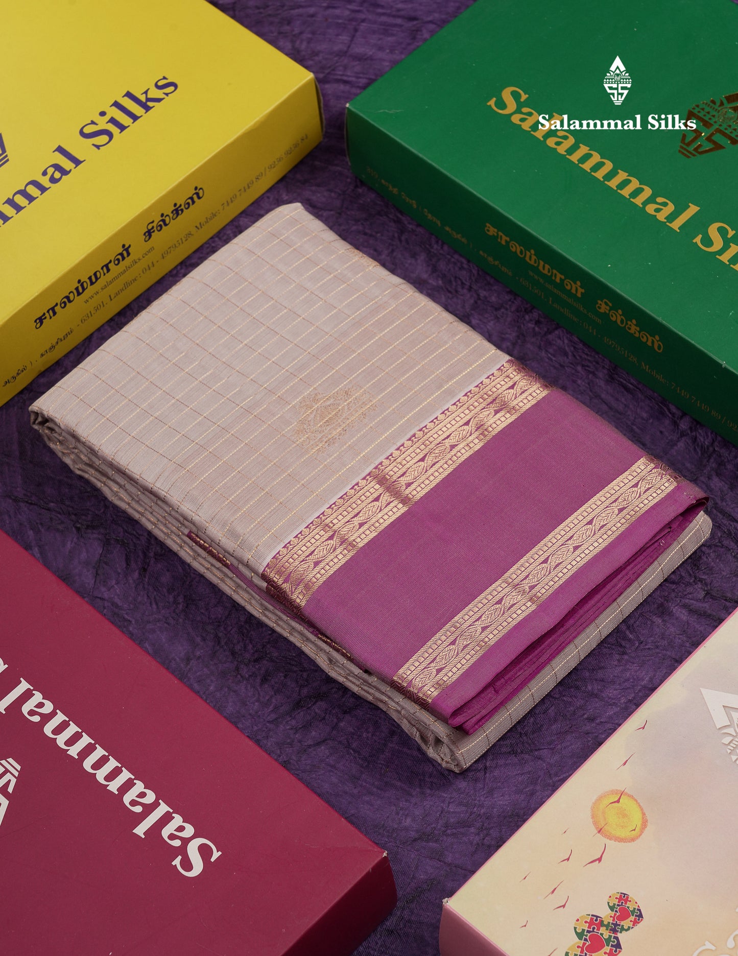 Beautiful Grey Traditional Checks And Buttas Pure Kanjivaram Silk Saree With Contrast Violet Border