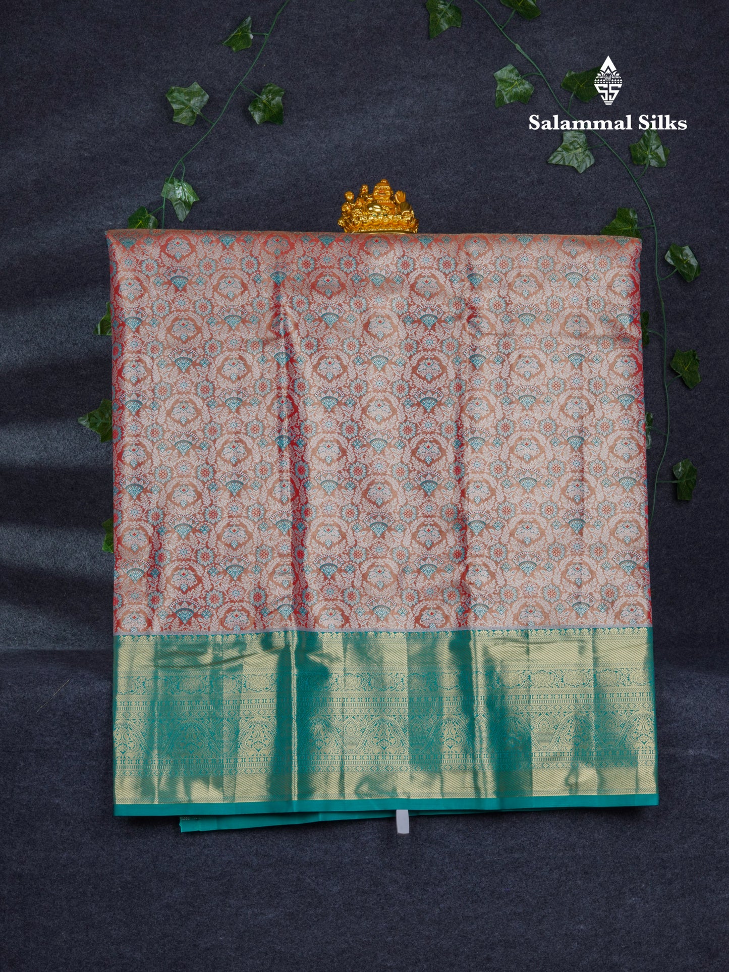 Semi Silk Pattu Pavadai Tissue (Orange) With Contrast Sapphire Green Blouse 47"