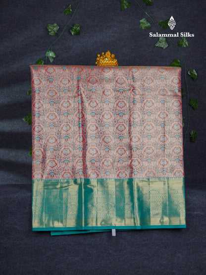 Semi Silk Pattu Pavadai Tissue (Orange) With Contrast Sapphire Green Blouse 47"