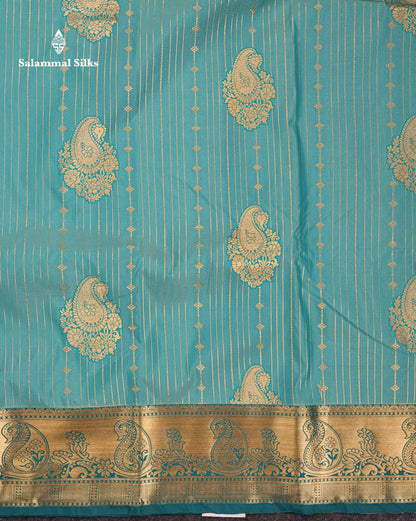 Beautiful Dual Tone Onion Pink Vertical Zari Line With Butta Semi Silk Saree With Contrast Light Blue Blouse