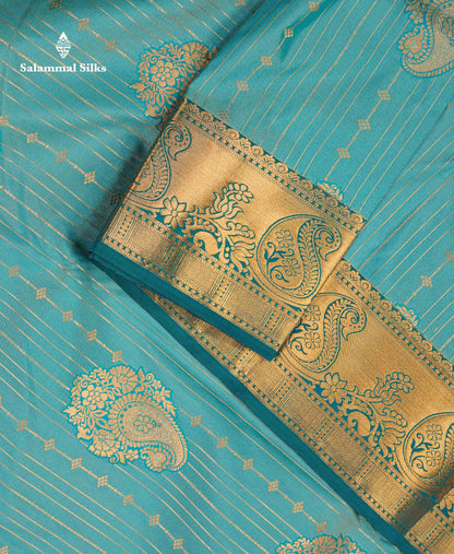 Beautiful Dual Tone Onion Pink Vertical Zari Line With Butta Semi Silk Saree With Contrast Light Blue Blouse
