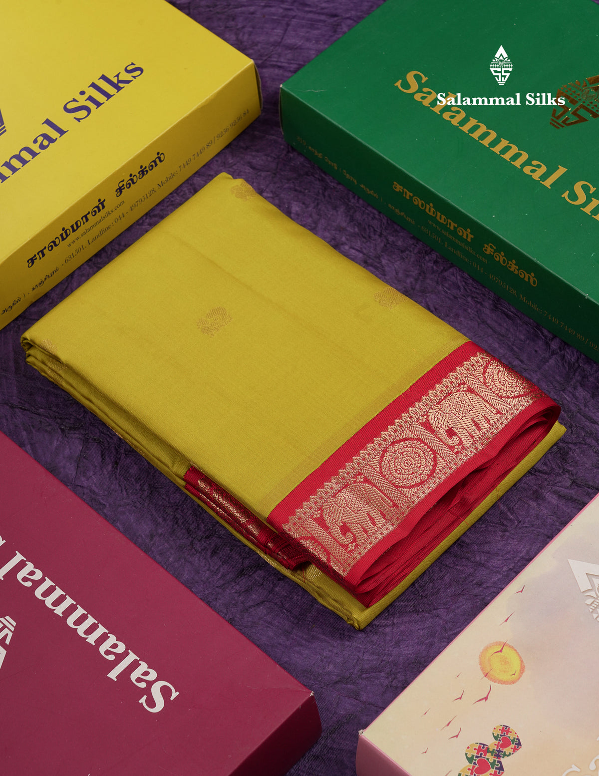 Beautiful Manthulir Yellow Pure Kanjivaram Silk Saree With Red Traditional Korvai Border