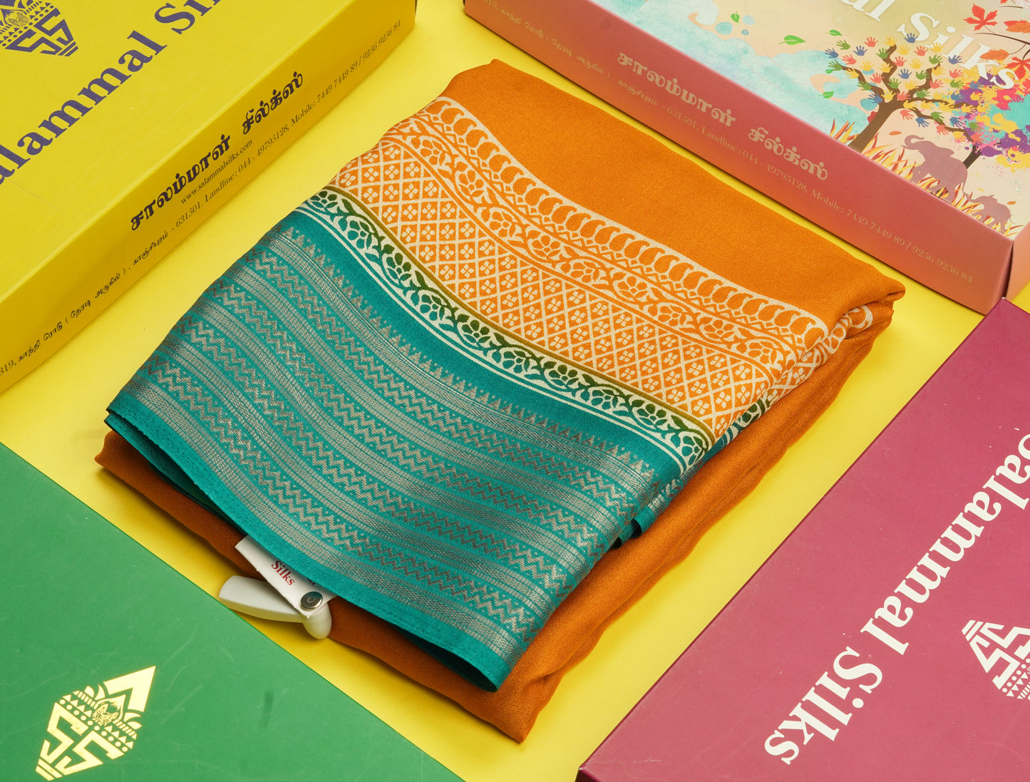 Bottle Green Plain Semi Georgette Saree With Mustard Yellow Traditinal Border