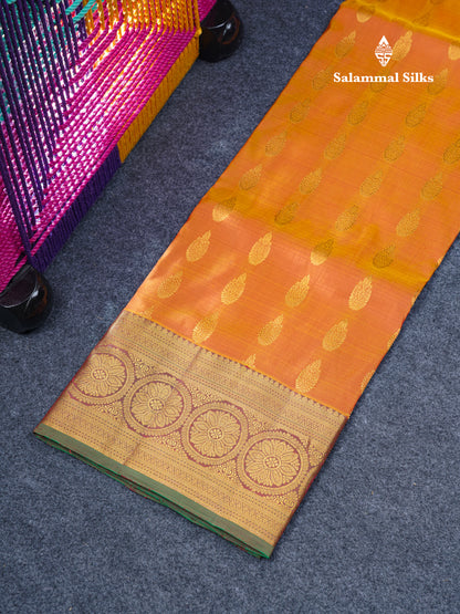 Pure Silk Pattu Pavadai (Mango Yellow) With Contrast Green Blouse 44"